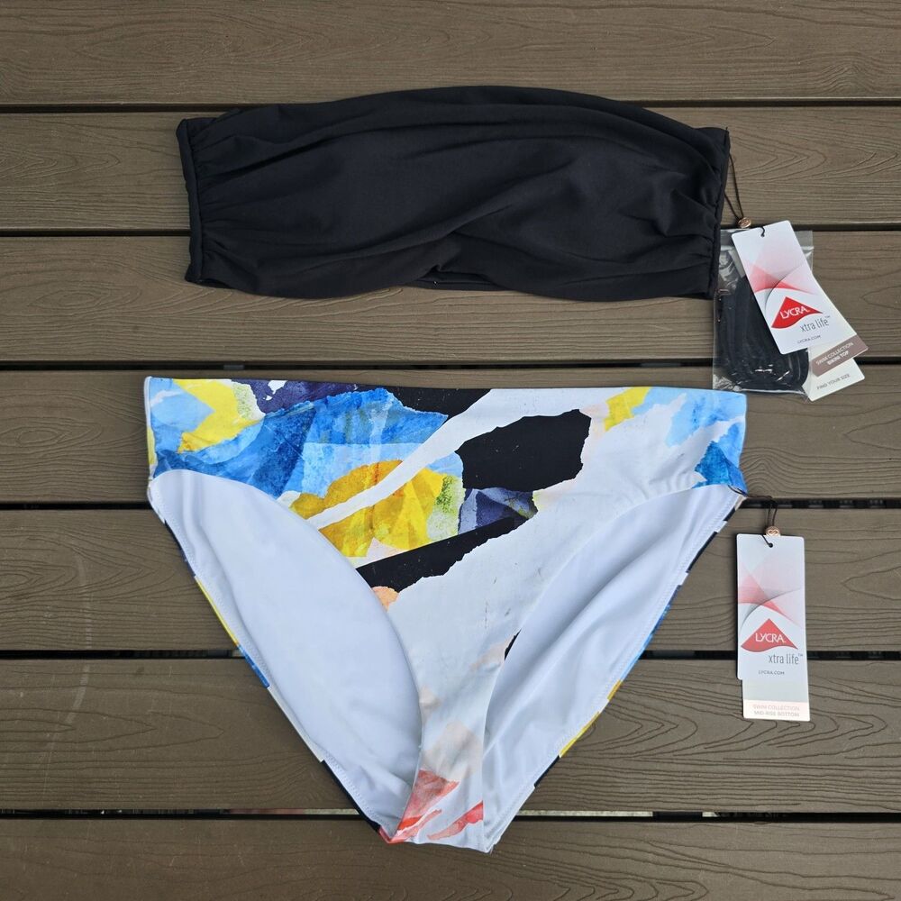 CALIA Women's Solid Black Bandeau & Collage Pure White Mid Rise Bikini Sz L New